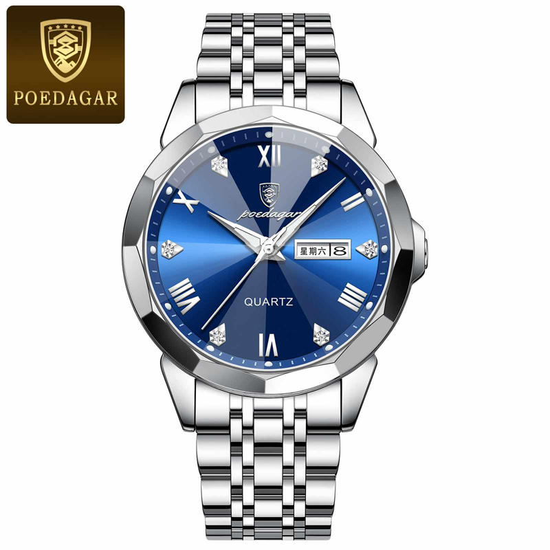 Poedagar PO810 Luminous Date Week Man Stainless Steel Wristwatch (Silver Blue)